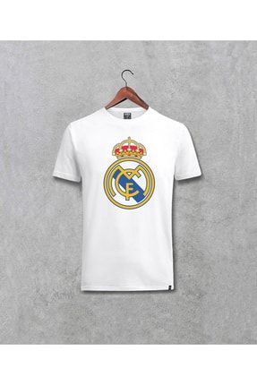 Unisex Beyaz Real Madrid Logo Baskılı Beyaz Tişört 33610107566163