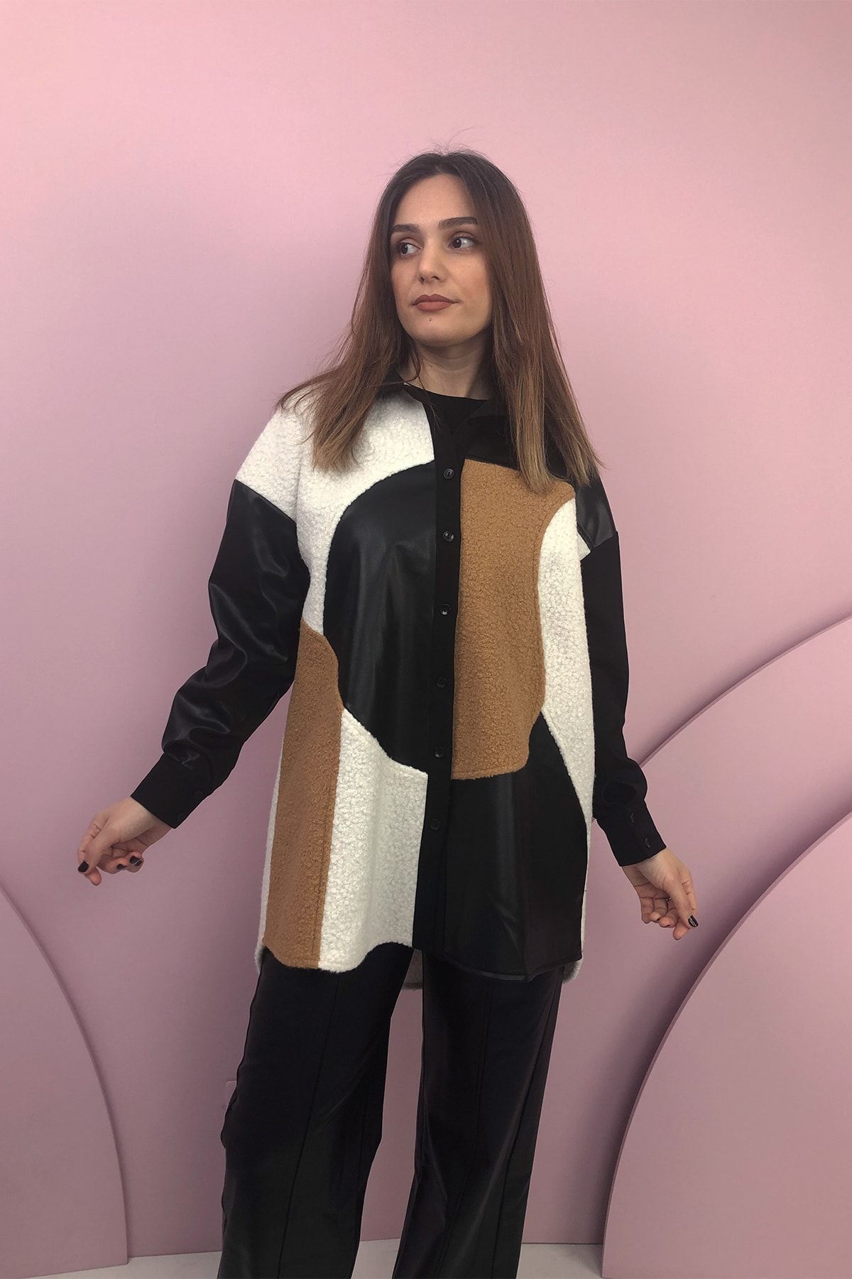 eski-Mother Leather Detailed Black-camel Buttoned Shirt Collar Stylish Tunic 250 1