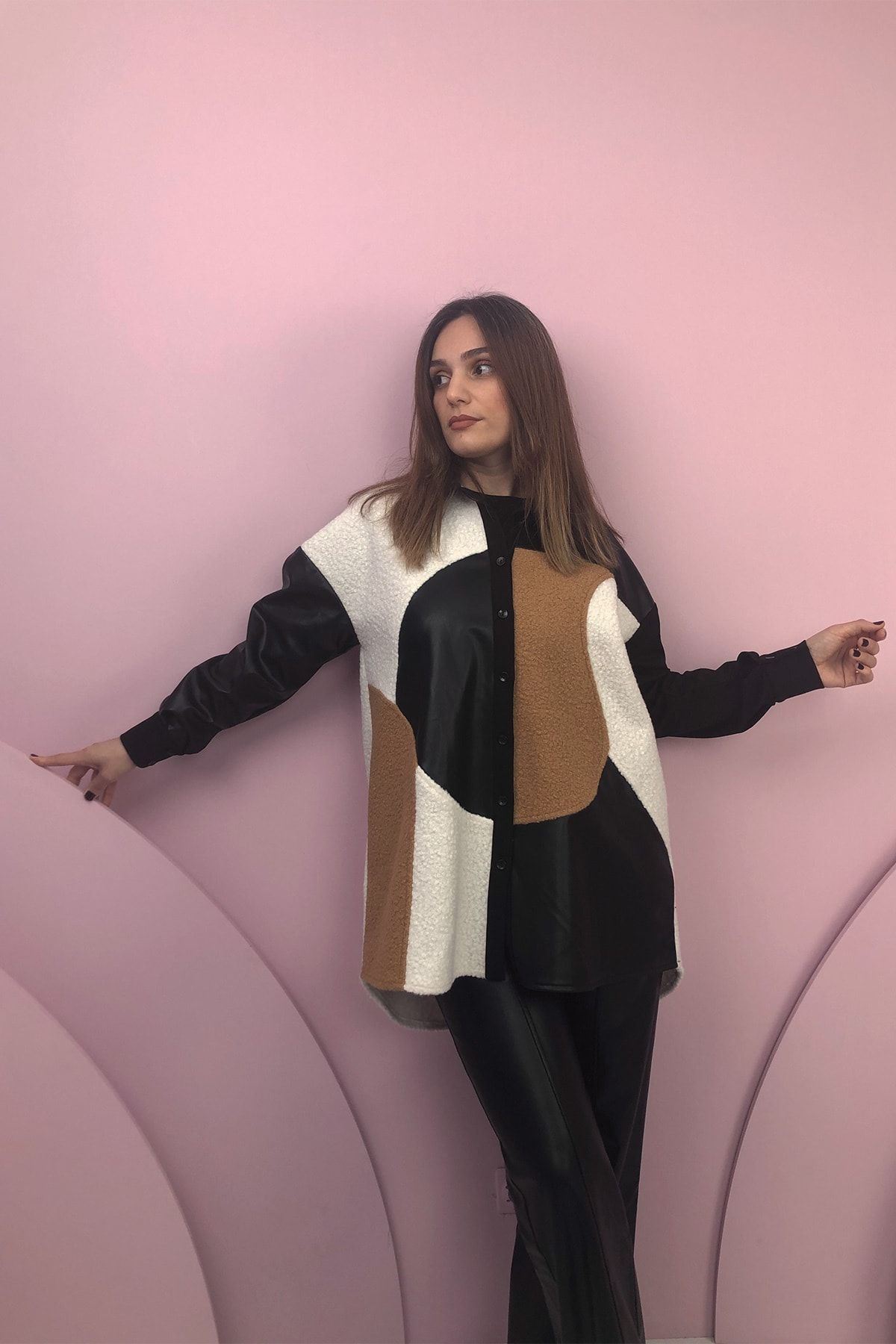 eski-Mother Leather Detailed Black-camel Buttoned Shirt Collar Stylish Tunic 250 3