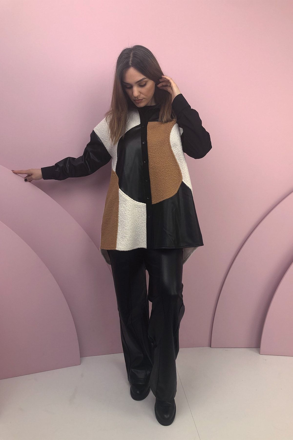 eski-Mother Leather Detailed Black-camel Buttoned Shirt Collar Stylish Tunic 250 4