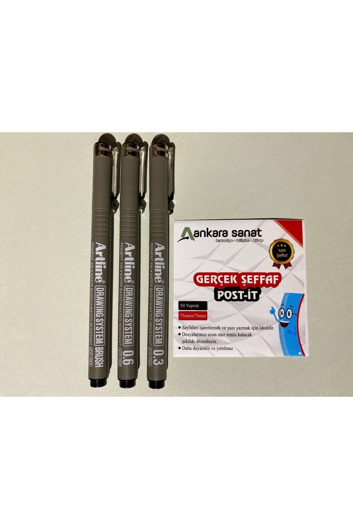 Maxx Şeffaf Post-it + Artline Teknik Çizim Kalem (0,03-0,05-brush) Seti