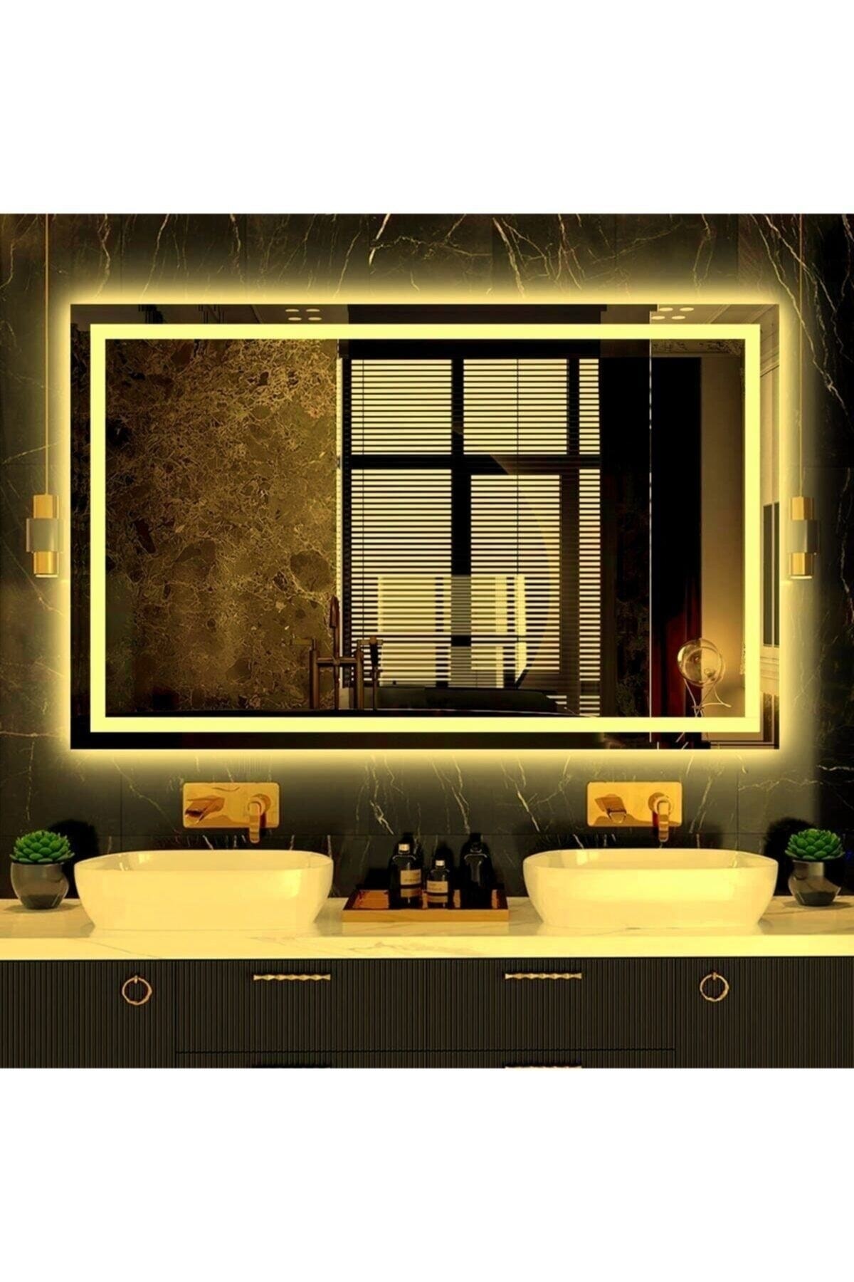 NUUN DEKOR 90x70cm Günışığı Ledli Kumlamalı Banyo Lavabo Ofis Makyaj Kuaför Aynası - Trafolu