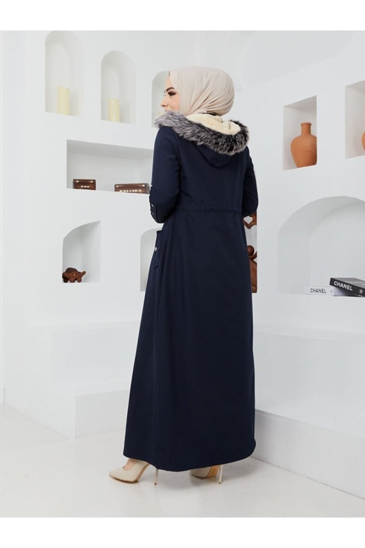 Aşkı Endam-Mayda Large Size Full Length Fur Lined Coat - Navy Blue 3