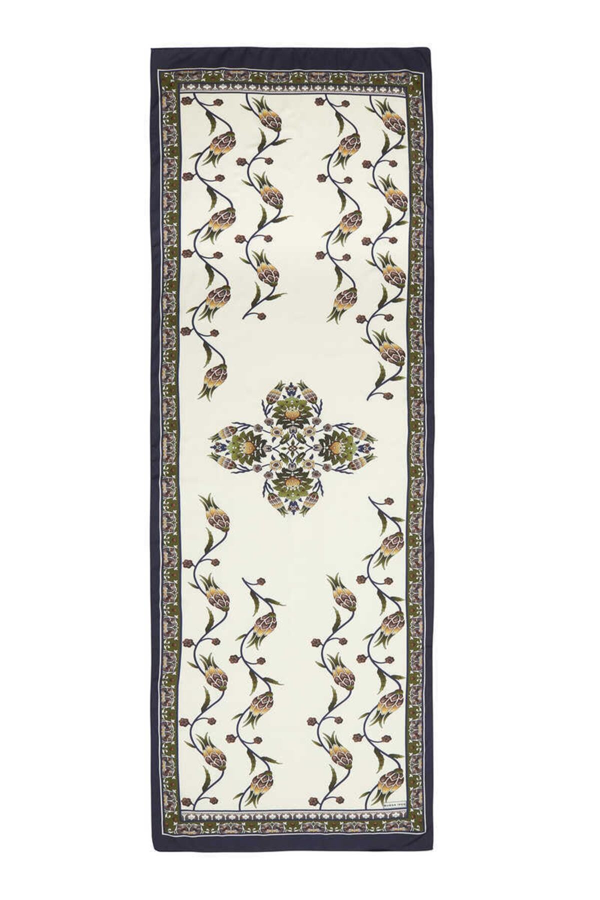 Bursa İpek-Χακί Navy Blue Row Tulip Pattern Φαρδύ μεταξένιο μαντήλι 4
