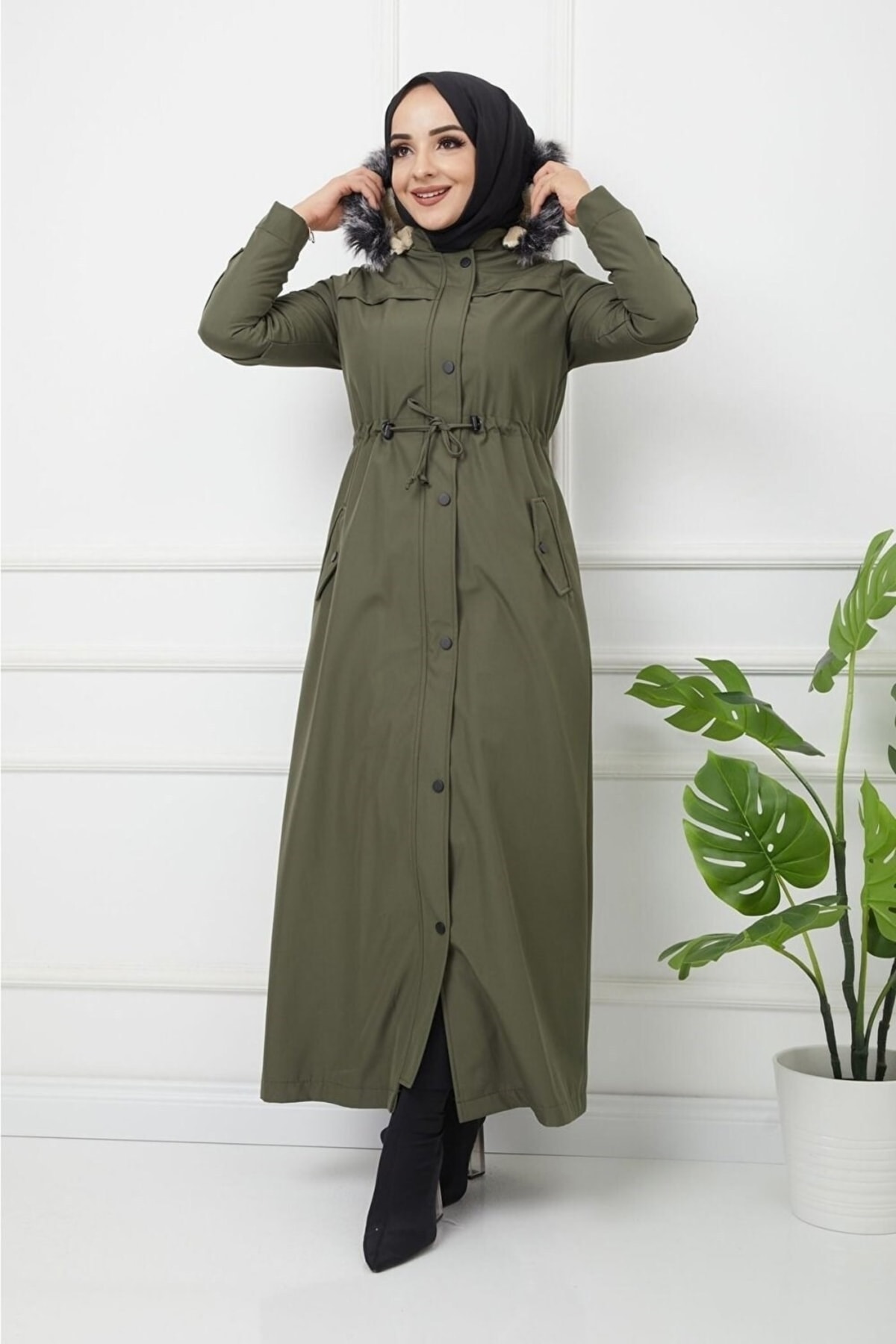 Aşkı Endam Mayda Büyük Beden Tam Boy Içi Kürklü Kaban - Haki