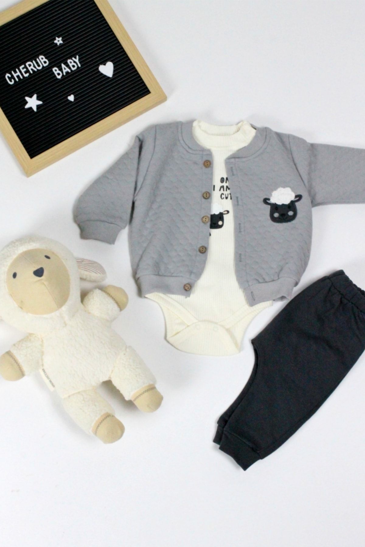 UB UTKUBABY Necixs Cute Sheep Baskılı Bebek Takımı 3 Lü Takım