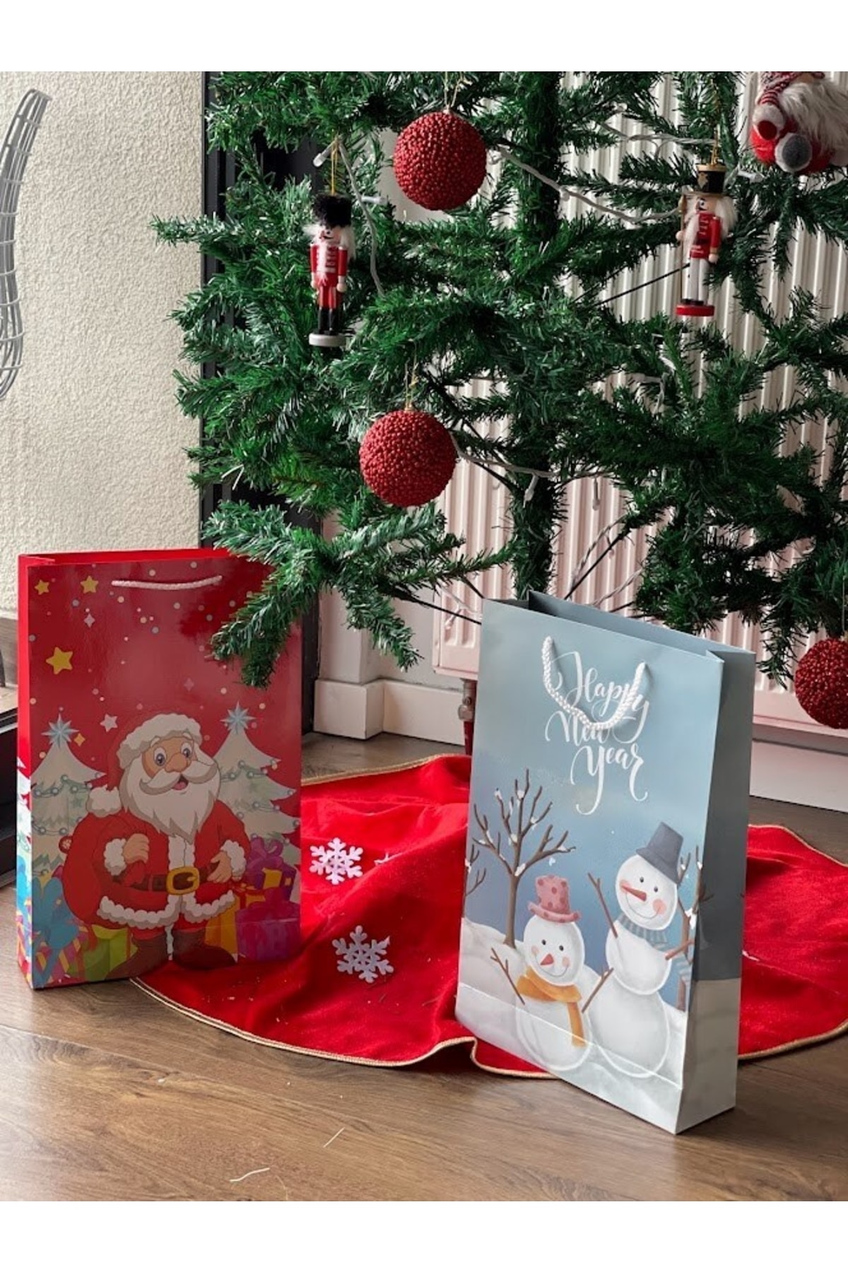 Masalsı Concept Büyük Parlak Karton Yılbaşı Desenli Hediye Paketi Çanta Poşet 2li