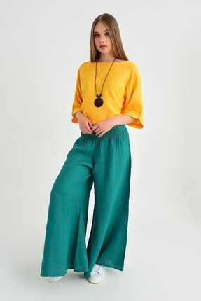Kadın İtalyan Pantolon Yeşil Belı Lastık Keten Salaş Pantolon 19YIT144009