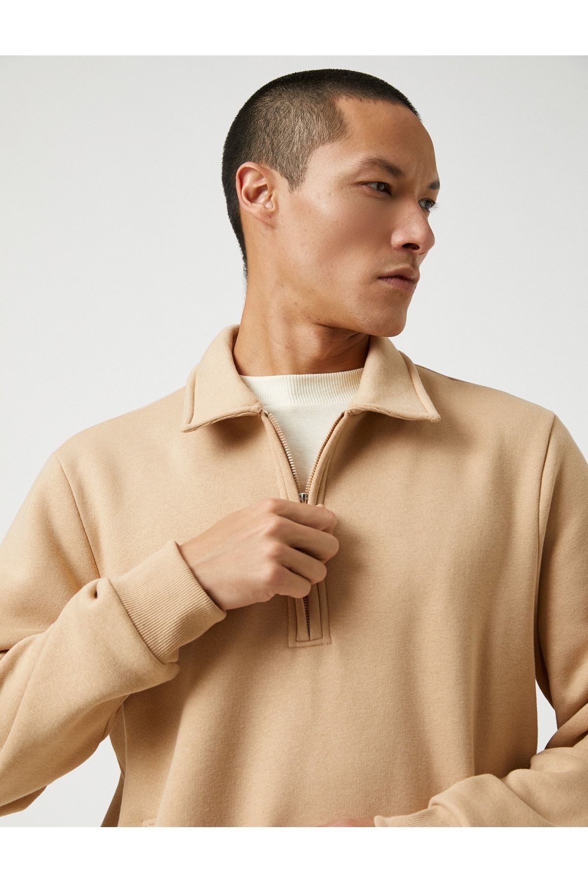 Basic Sweatshirt Dik Yaka Cepli Yarım Fermuarlı Uzun Kollu