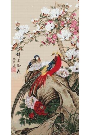 Sanat Japon Çiçekleri Ve Yaban Horozları Elmas Mozaik Tablo / Mozaik Puzzle 25x49cm E2020412