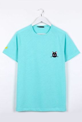 Kedi Nakışlı Mint Yeşili Unisex Tshirt 816E0324