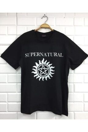 Unisex Siyah Supernatural Baskılı Tshirt EGKNW378-KOR