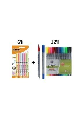 Kalem Tipi Fosforlu Kalem Pastel Renk 6'lı + Masis Çift Uçlu Kalem 12'li CANART135