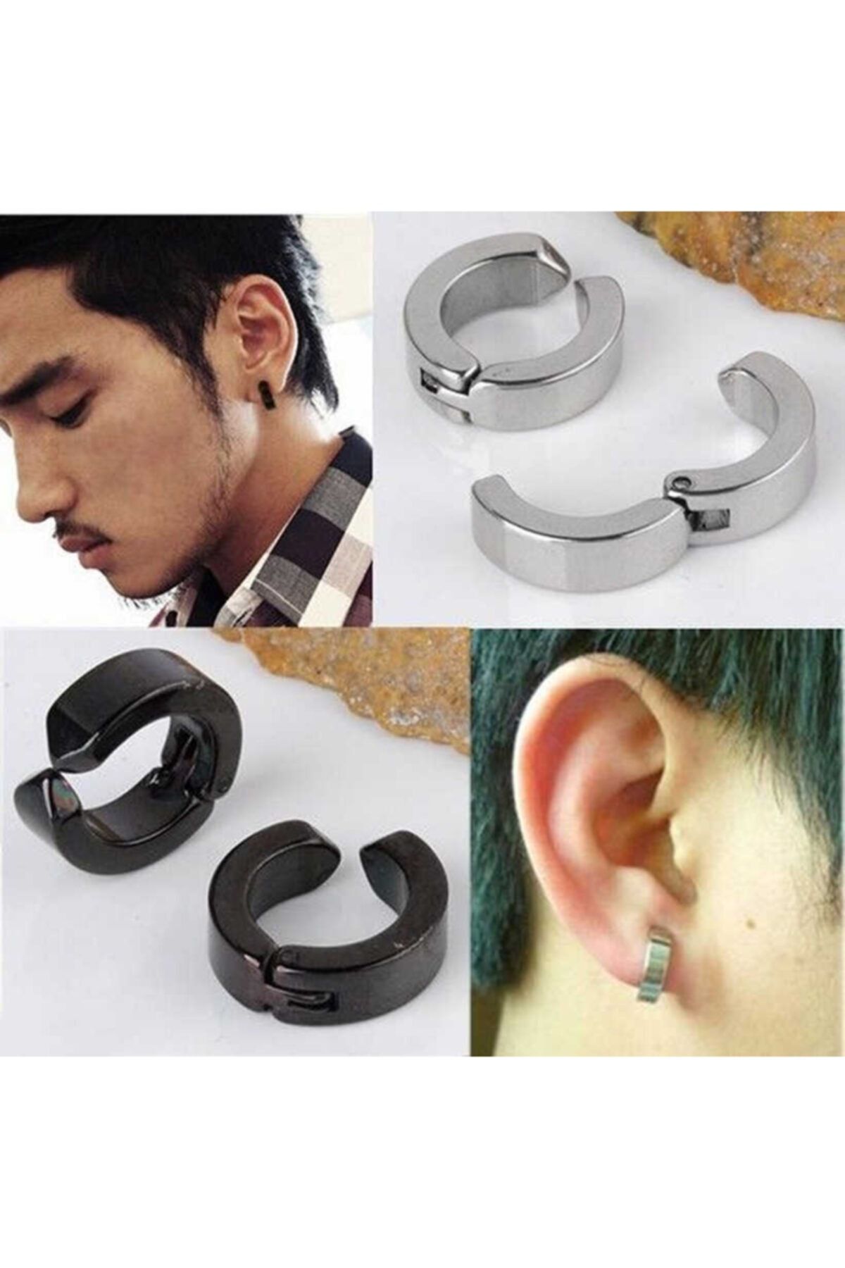Kirpi-Silver Color Steel Compression Hoop Earrings (1 Piece) 3