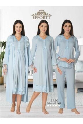 Effort Kadın Mavi Lohusa Hamile Gecelik Pijama Takımı Sabahlık 4'lü Set 2426 KTS2426