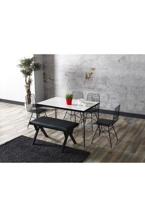 80x120 Home Bade Beyaz Görünümlü Metal Ayaklı Mutfak Masası Ve Bench Takımı AVVİO530