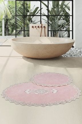 Pudra Cotton Lux Fransız Dantelli Aplikli Pamuklu Klozet Takımı Banyo Paspas Seti BnyCottonAplik