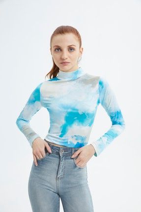 Kadın Mavi Batik Desenli Örme Bluz SQD1862