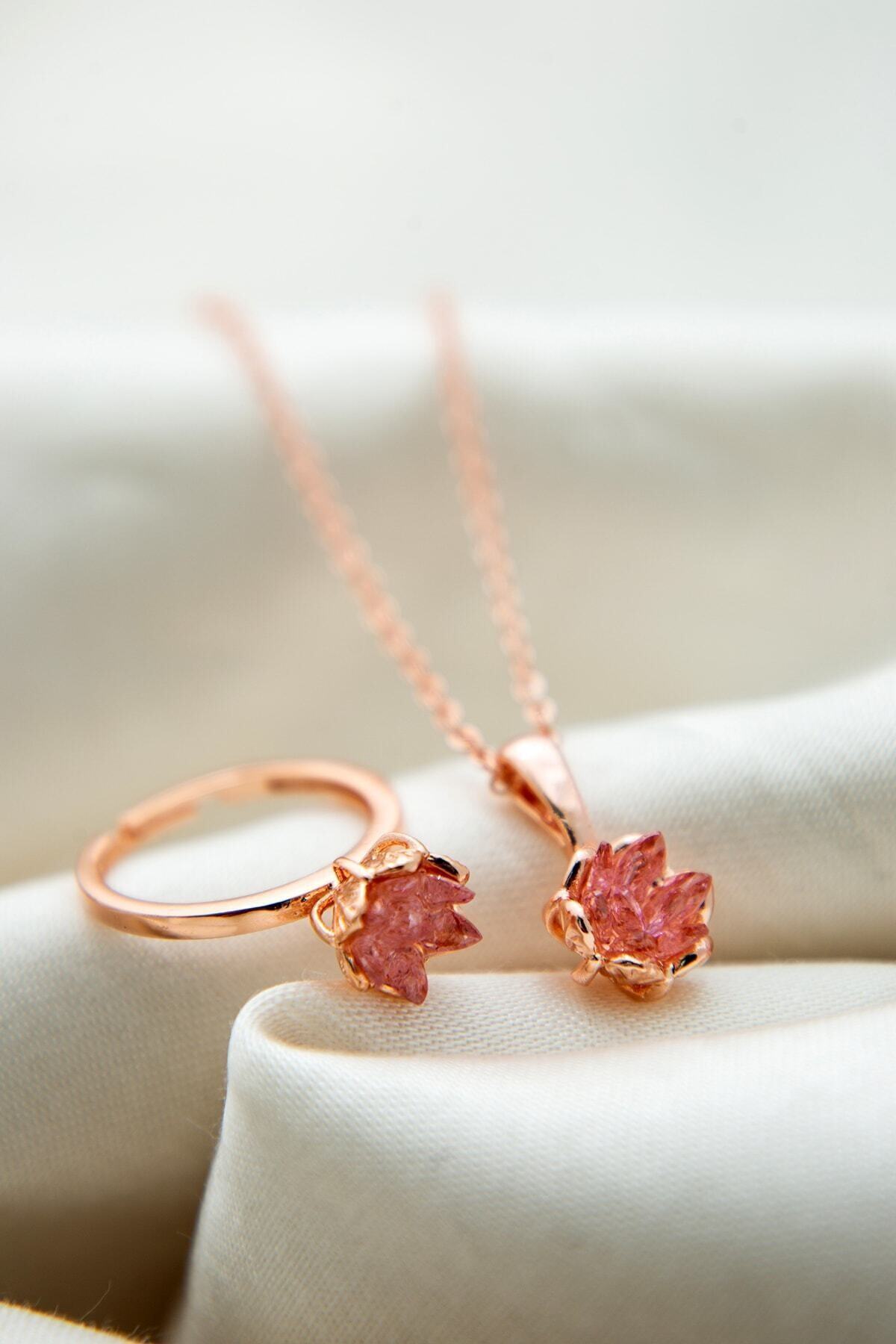 Kadın Rose Altın Kaplama Pembe Zirkon Taşlı Lotus Çiçeği Kolye Yüzük Set 4