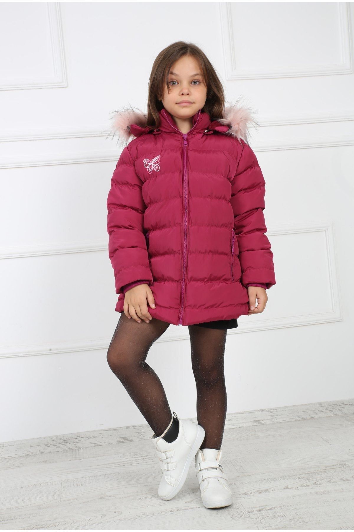 B T Girl s Plum Butterfly Patterned Plush Hooded Puffer Coat