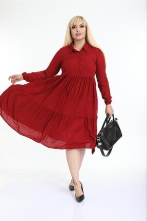 Kadın Kırmızı Gömlek Yaka Rahat Kesim Elbise nb00372