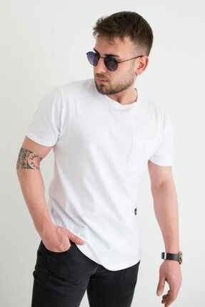 Erkek Beyaz Yuvarlak Yaka Oval Kesim Cepli T-Shirt ONK34T01