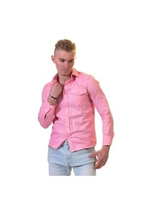 Erkek Pembe Oxford Desen Çift Cepli Western Stil Slim Fit Gömlek BC7713