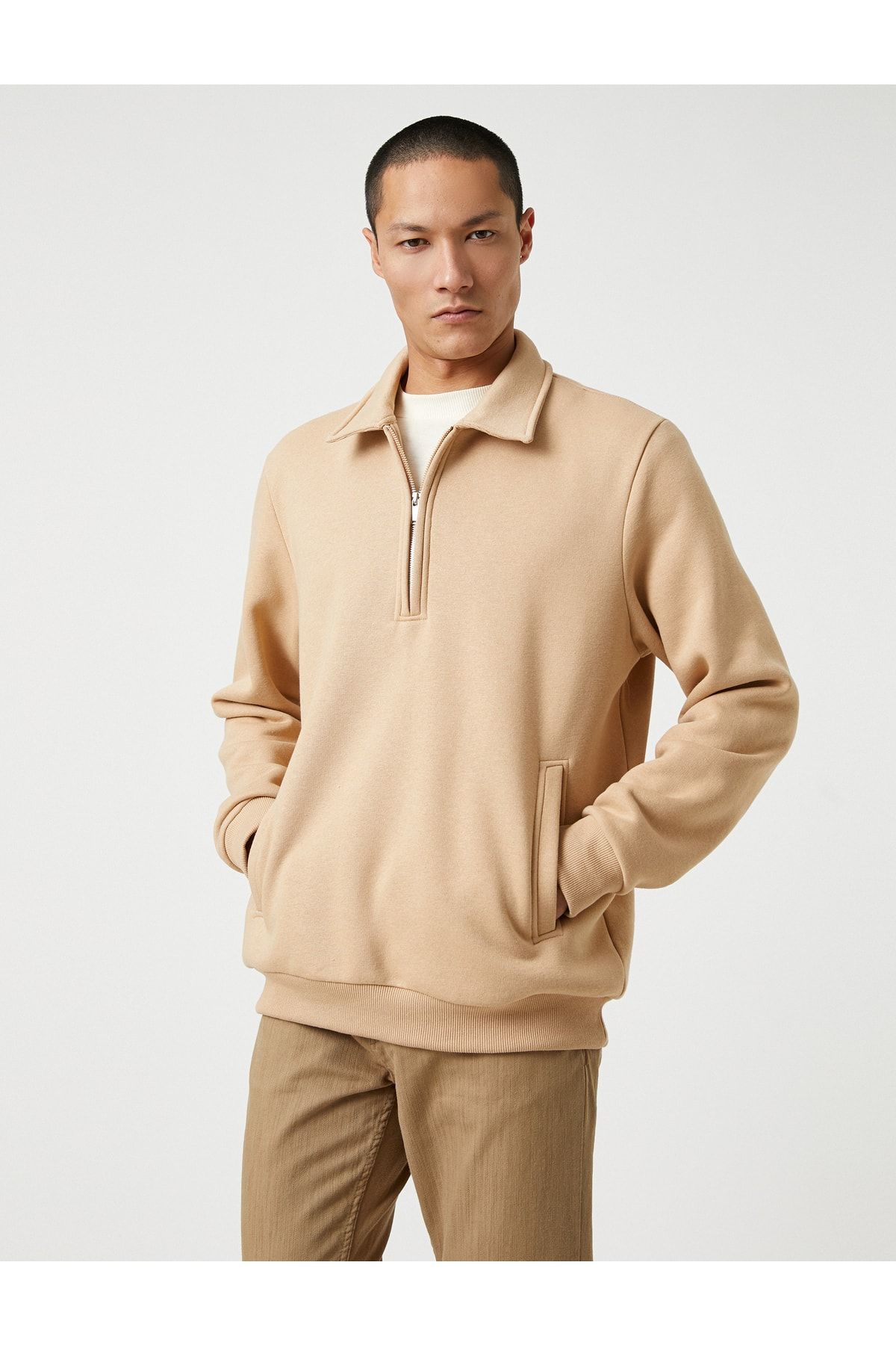 Basic Sweatshirt Dik Yaka Cepli Yarım Fermuarlı Uzun Kollu