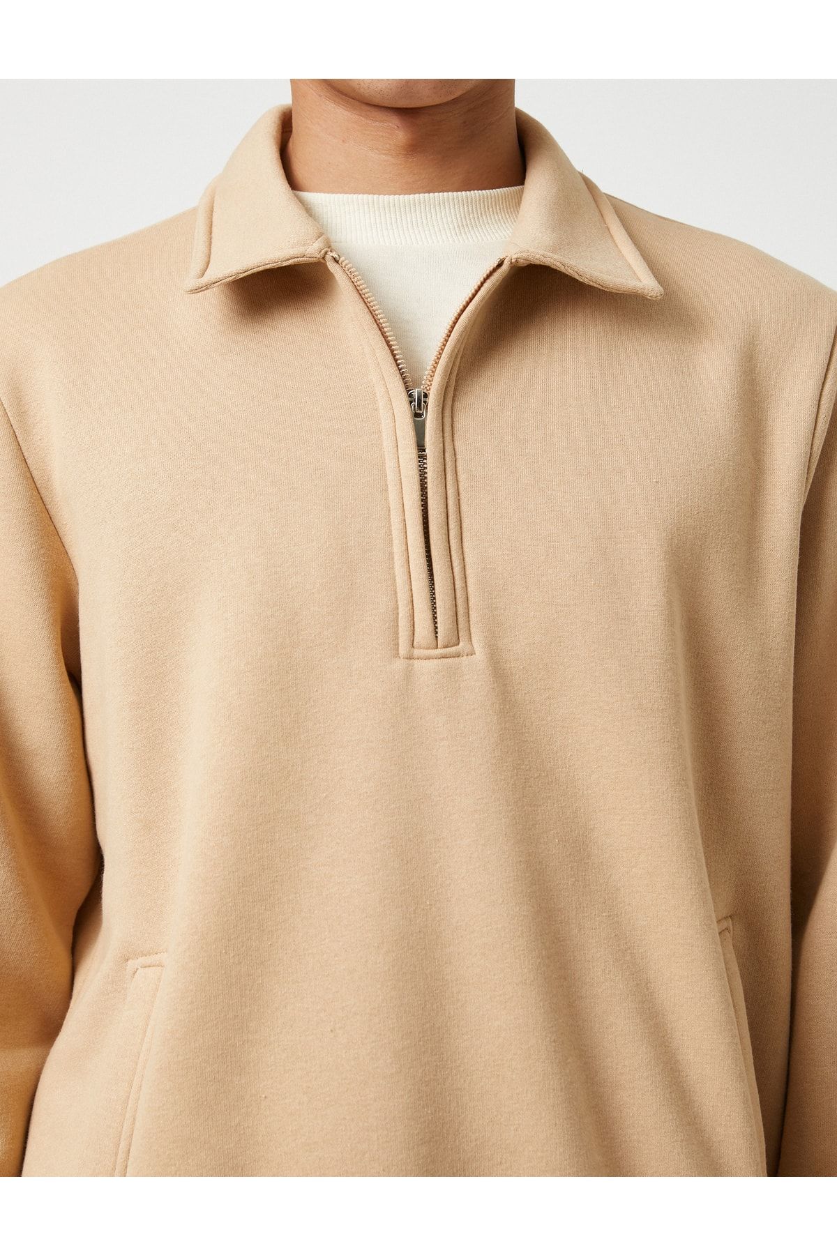 Basic Sweatshirt Dik Yaka Cepli Yarım Fermuarlı Uzun Kollu