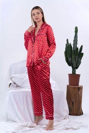 Kadın Kalpli Uzun Kol Gömlek-pantolon Takım 9054 Kırmızı/ekru UCTY20ASPTK051
