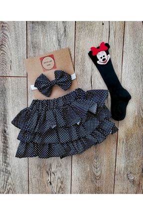 Kız Bebek Siyah Puantiyeli Fırfırlı Şort Etek Bandana Ve Dizaltı Çorap Takım Kiraz01