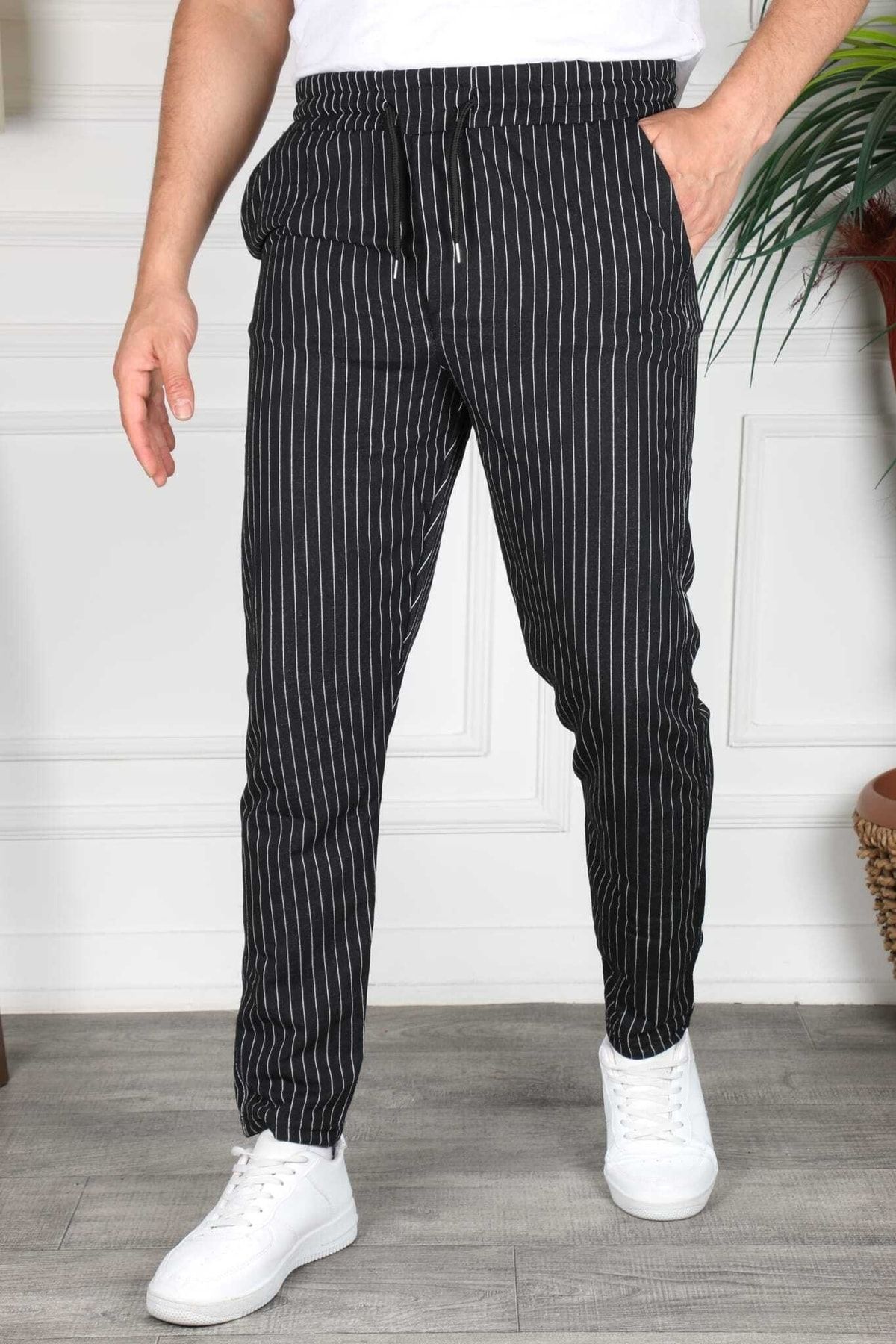 Black pinstripe joggers deals