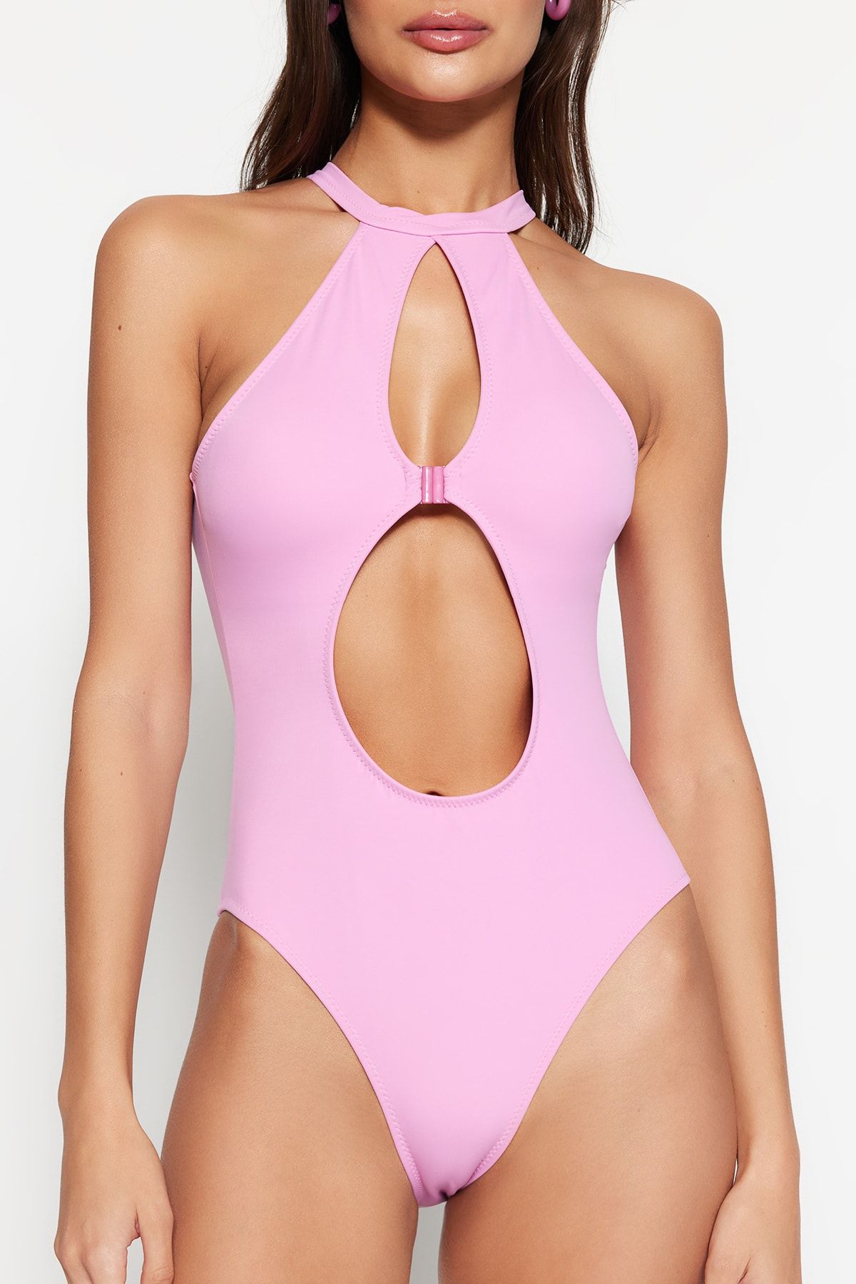 Trendyol Collection-Pink Halter Neck Cut Out/Window High Leg Swimsuit TBESS23MA00076 3