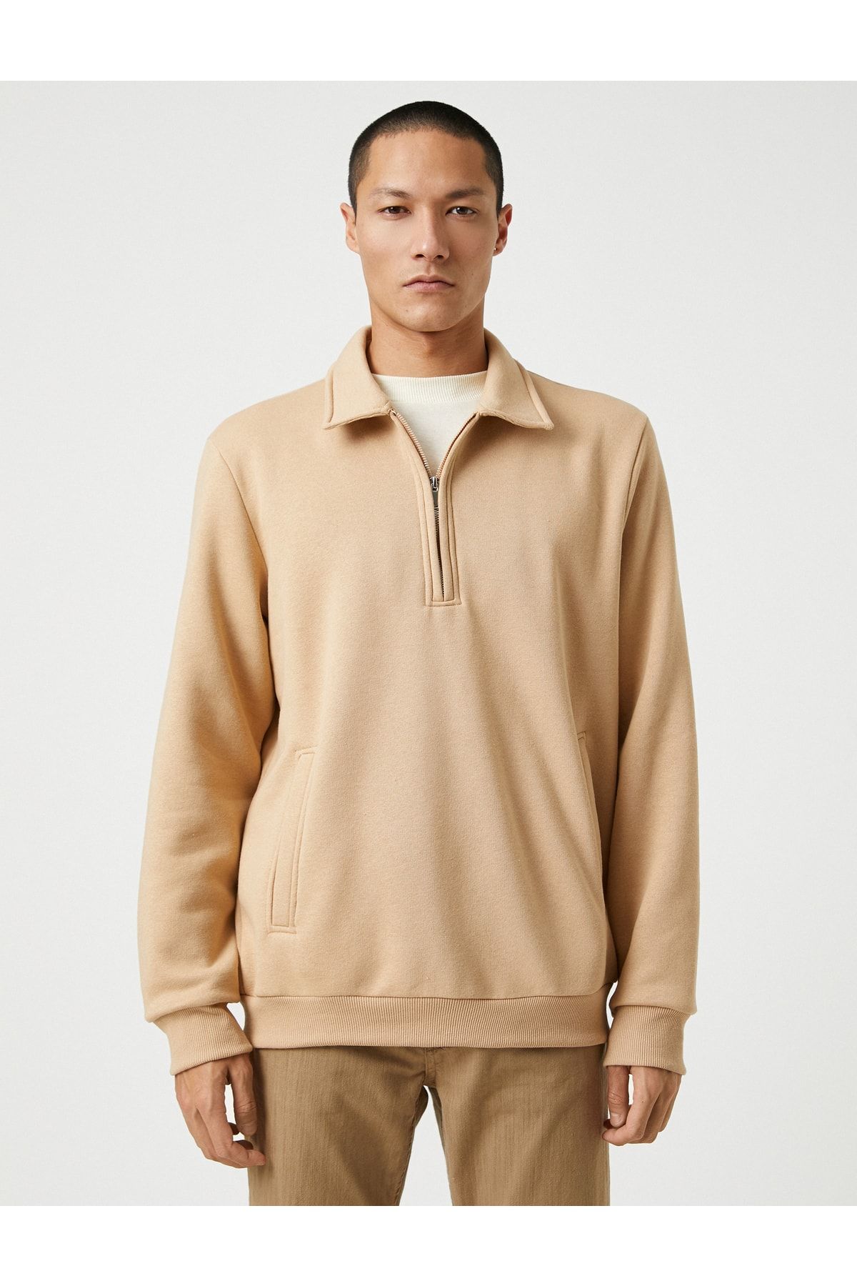 Basic Sweatshirt Dik Yaka Cepli Yarım Fermuarlı Uzun Kollu