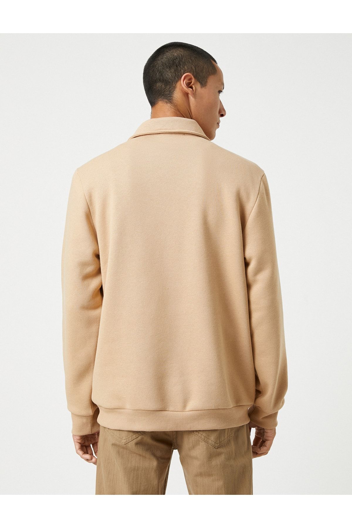 Basic Sweatshirt Dik Yaka Cepli Yarım Fermuarlı Uzun Kollu