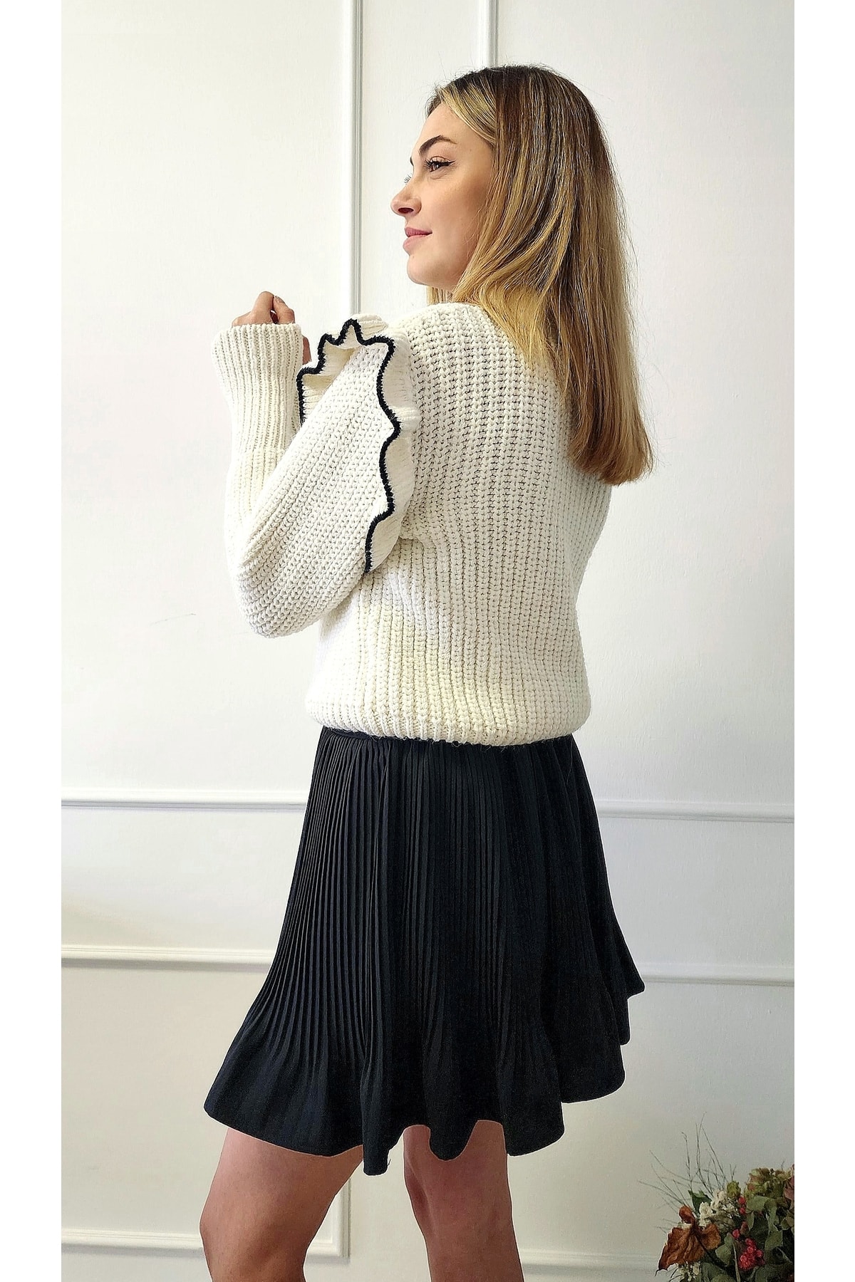 Fırfırlı Triko Kazak Regular Fit Ekru - Görsel 8