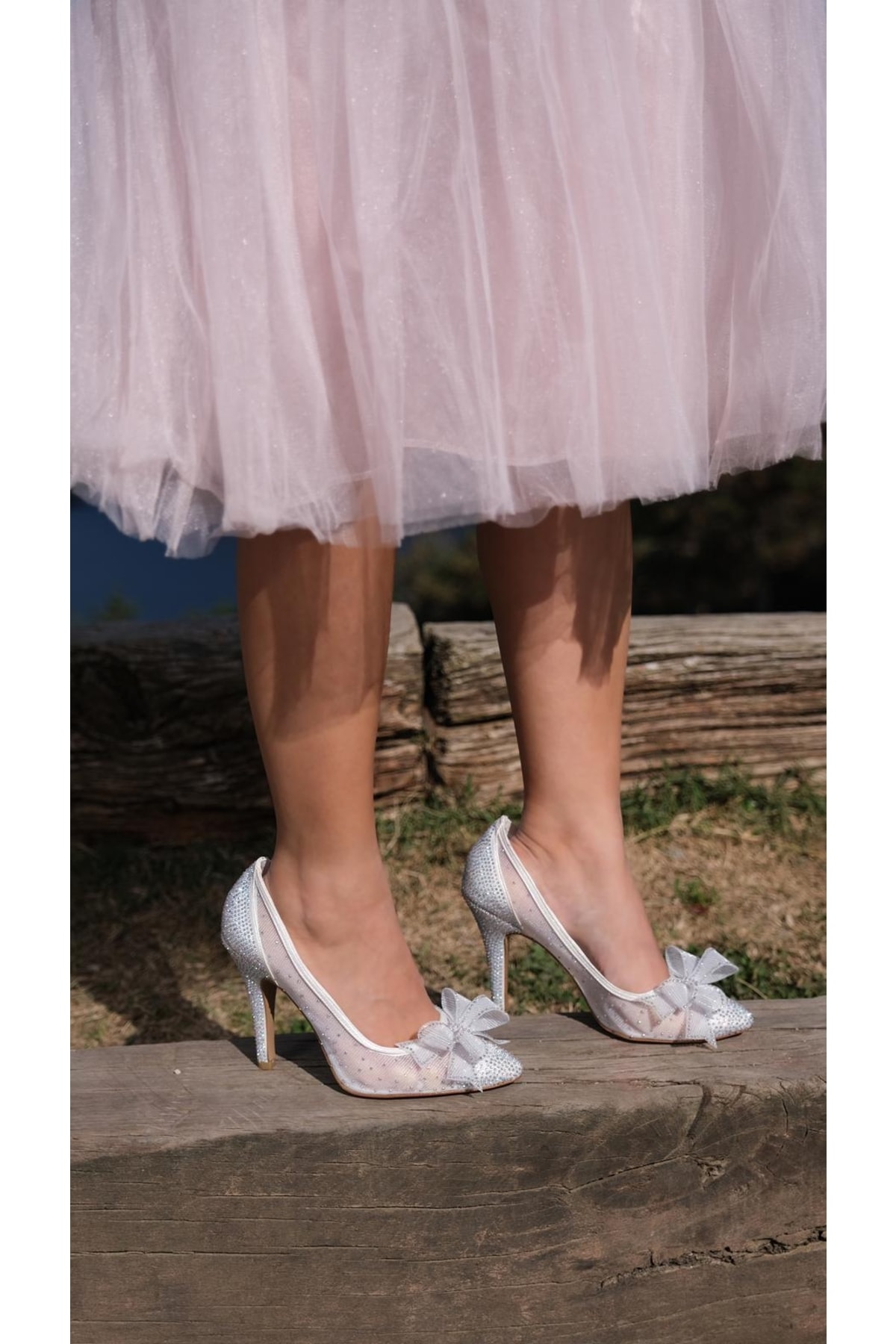 AZLAYAYAKKABI Fiyonk Detaylı Taşlı Kadın Beyaz Gelin Ayakkabısı