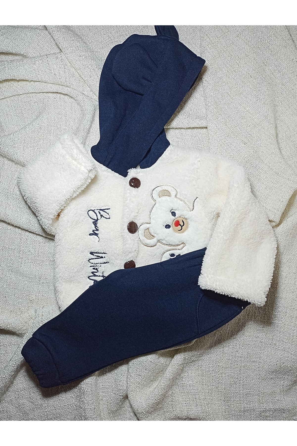 JuFi Bebek-çocuk Peluş-polar Hırkalı & Kulaklı Kapişonlu & Unisex Düğmeli Ayıcık Desenli Ikili Takım