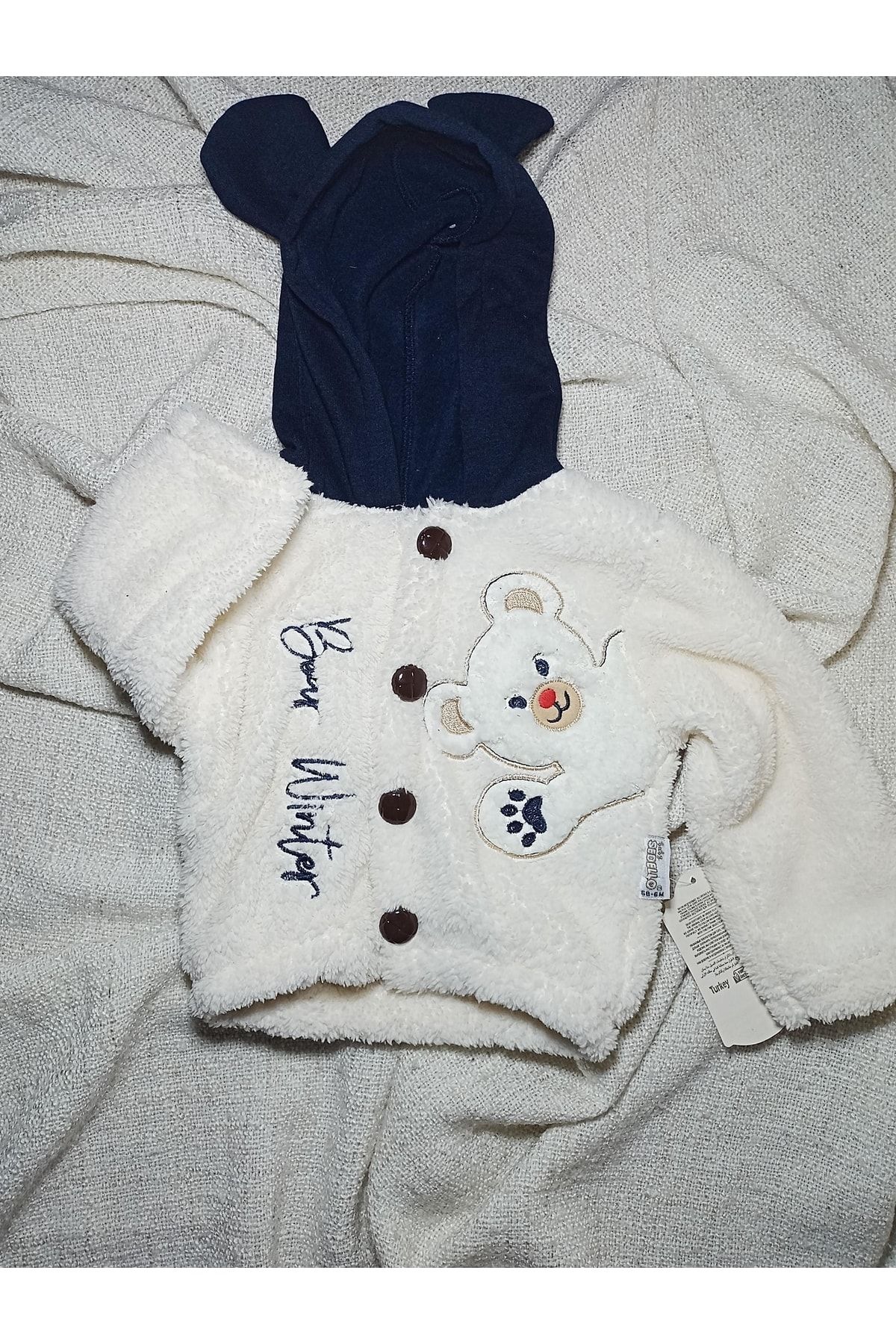 Bebek-çocuk Peluş-polar Hırkalı & Kulaklı Kapişonlu & Unisex Düğmeli Ayıcık Desenli Ikili Takım