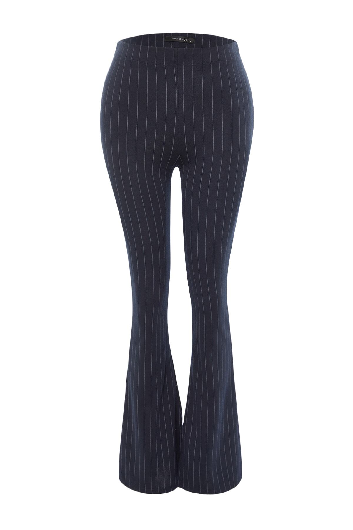 Trendyol Collection-Marineblaue Smart Slit Flare/Spanish Leg High Waist Gestreifte Strick-Leggings-Hose TWOSS23PL00126 8
