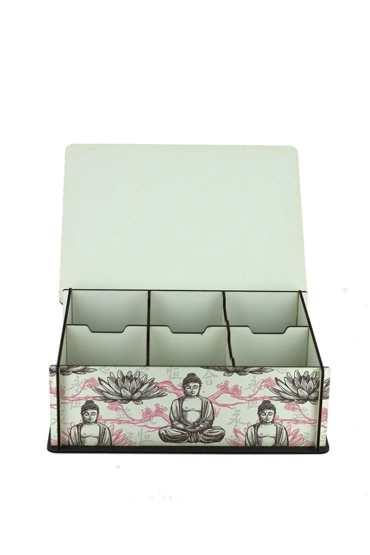 WuW-Asian Dragon Temple Patterned 6 Compartment Wooden Tea Coffee Storage Box 3