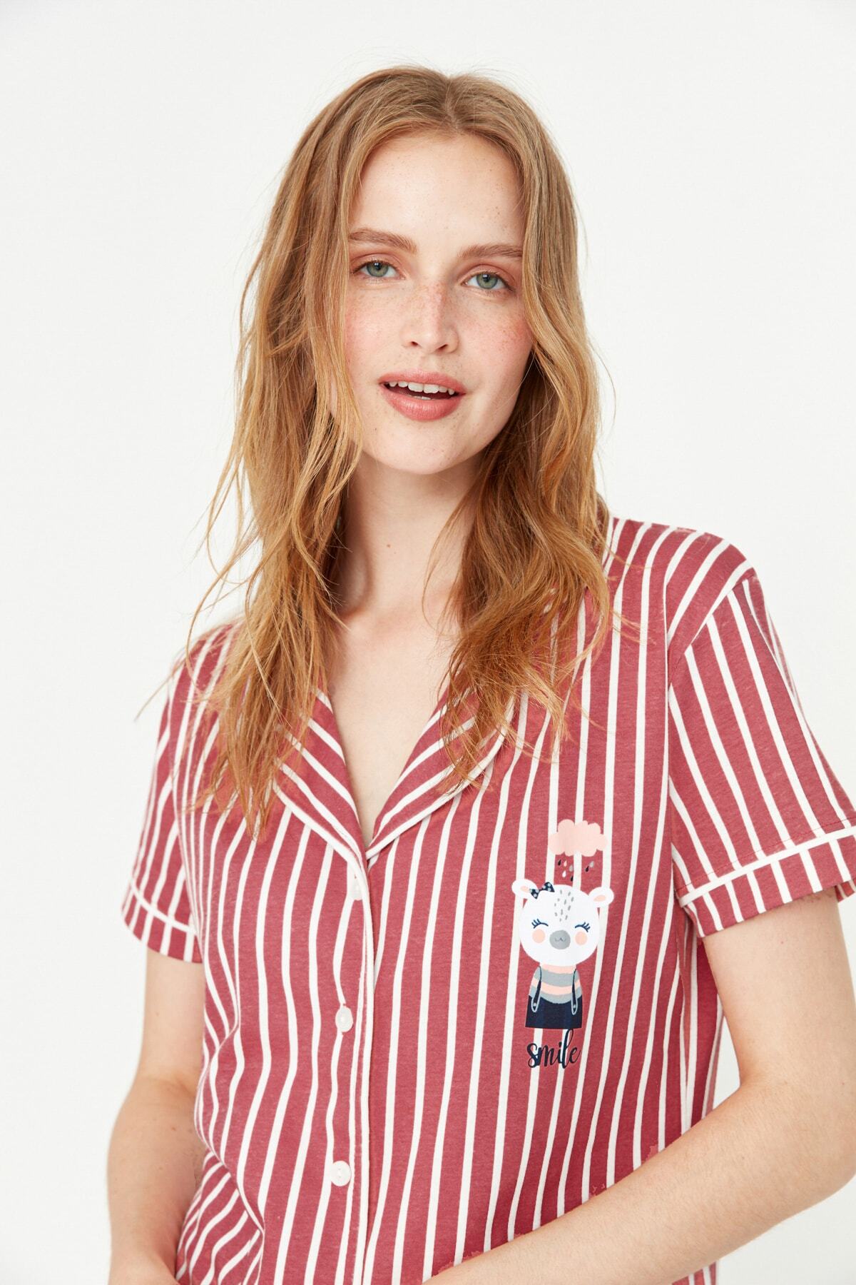 Trendyolmilla  Pembe Çizgili Hayvan Baskılı Gömlek-Pantolon Örme Pijama Takımı THMSS21PT0878 - Görsel 6