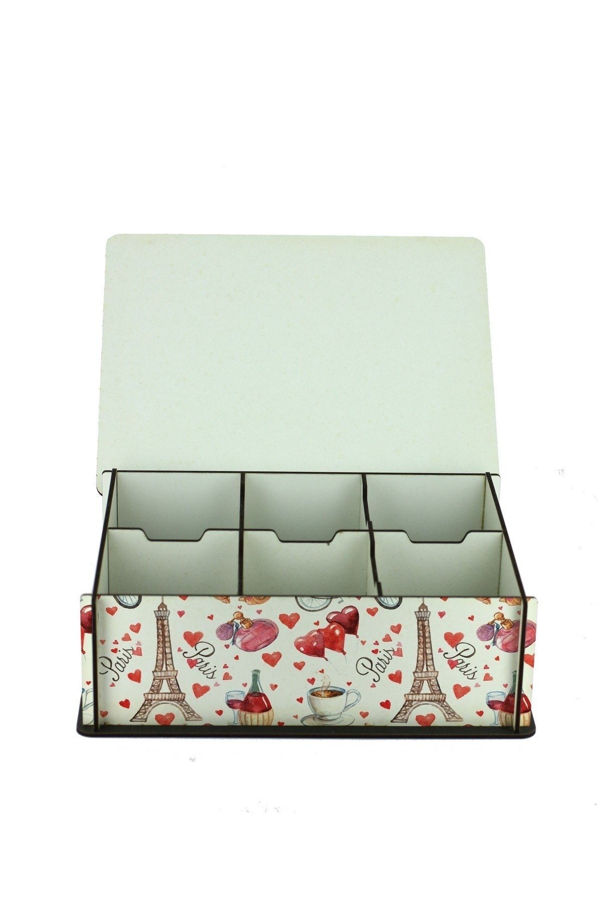 WuW-Paris And Love Patterned 6-Compartment Wooden Tea Coffee Storage Box 3