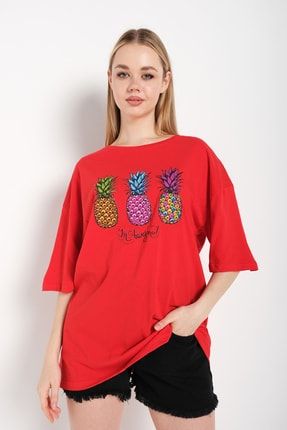 Ananas Kırmızı Oversize Kadın T-shirt ABOBGT-4120-YENI