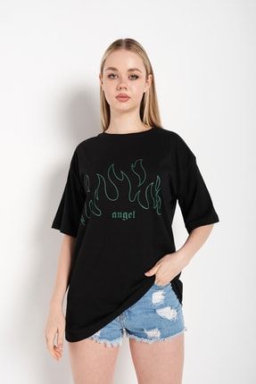 Kadın Siyah Angel Baskılı Oversize T-shirt TW-ANGEL