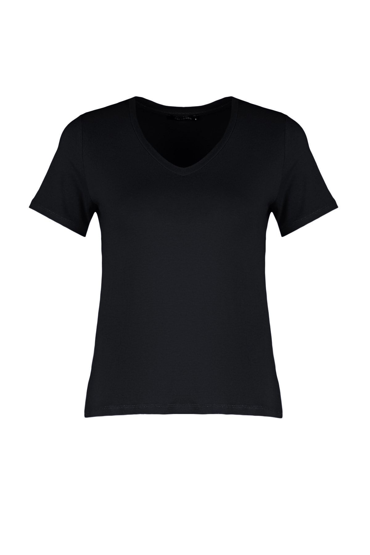 Schwarzes aus - Viskose Collection Trendyol TWOSS23TS00046 V-Ausschnitt mit Basic-Strick-T-Shirt Trendyol
