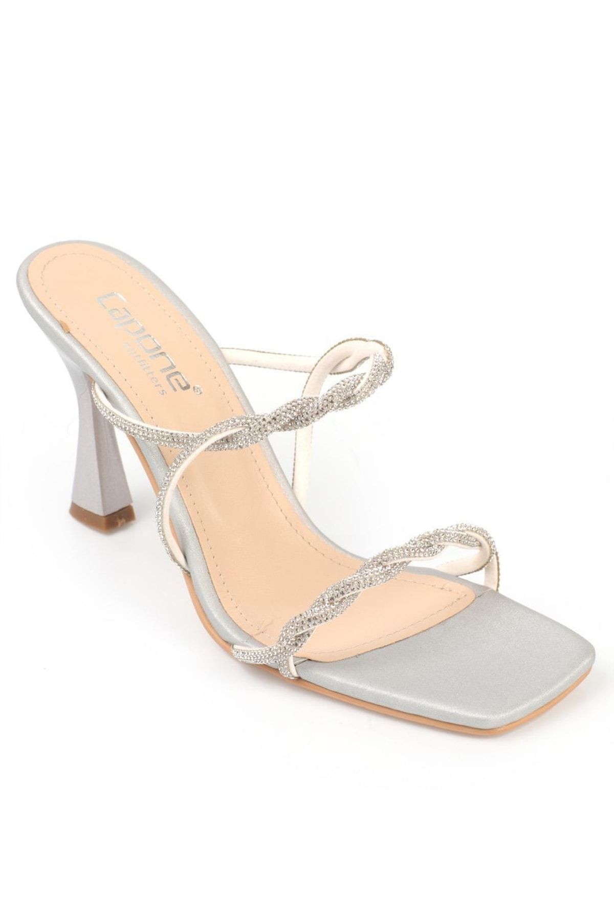 Capone Outfitters-Papuci de damă Capone Blunt Toe Stone Knit Double Strap Toc Înalt Satin Silver 7