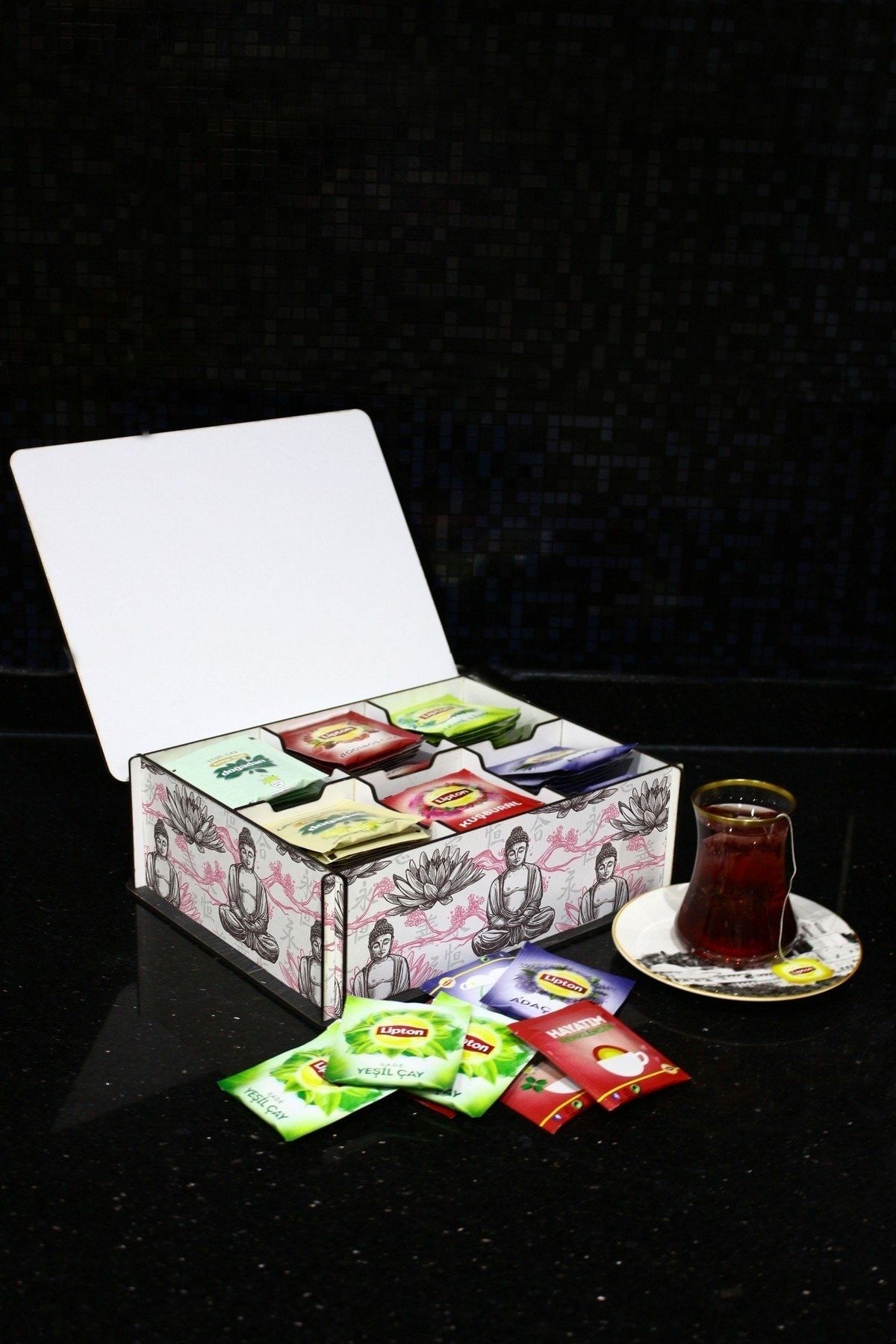 WuW-Asian Dragon Temple Patterned 6 Compartment Wooden Tea Coffee Storage Box 4