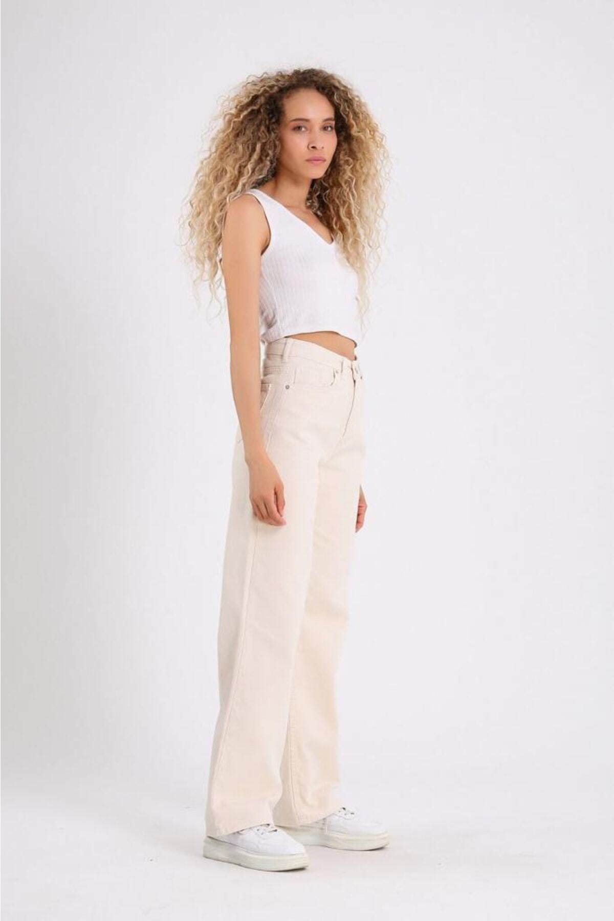 Gofeel-REDLO Unisex Cream Wide Leg Jeans Palazzo Jeans - RDLxyv46 3