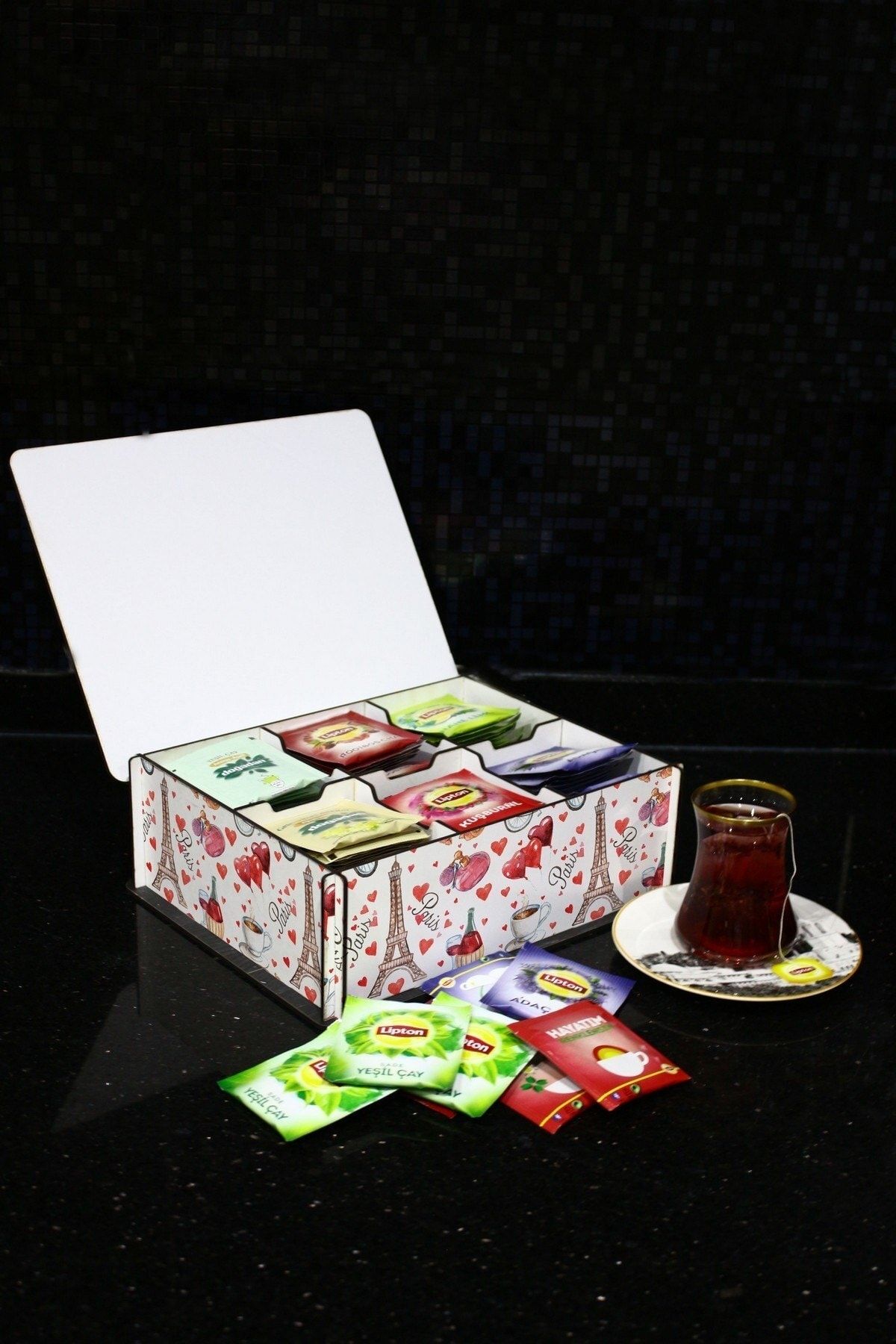 WuW-Paris And Love Patterned 6-Compartment Wooden Tea Coffee Storage Box 4